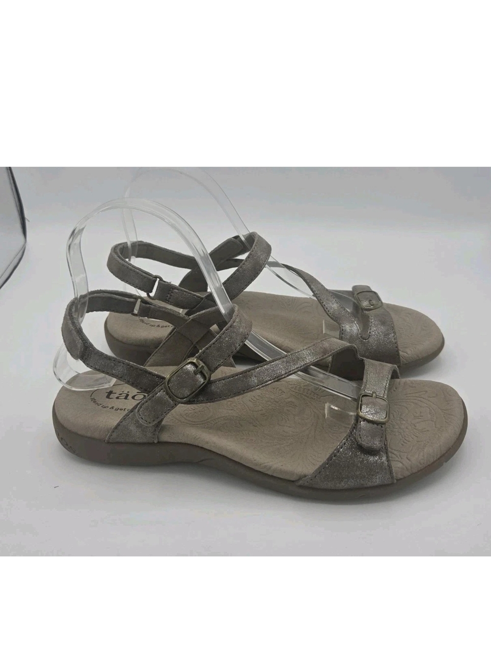 Taos Sandals Taupe Metallic Beauty Printed Leather Strappy Comfort Womens 8
